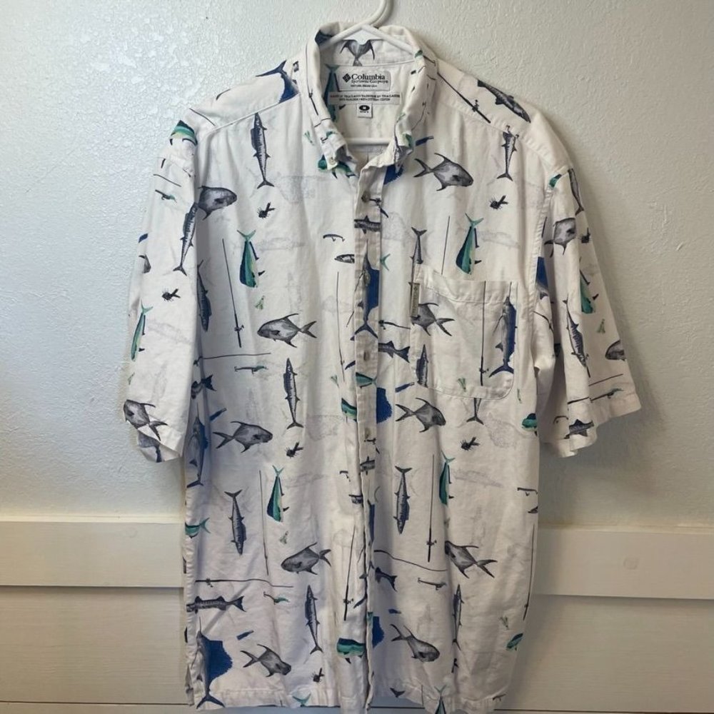 Columbia Fish and Fishing Rods Graphic‎ Button Down Shirt Men's Size M